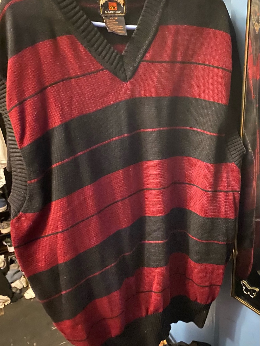Striped V-Neck Sweater Vest in Red and Black
